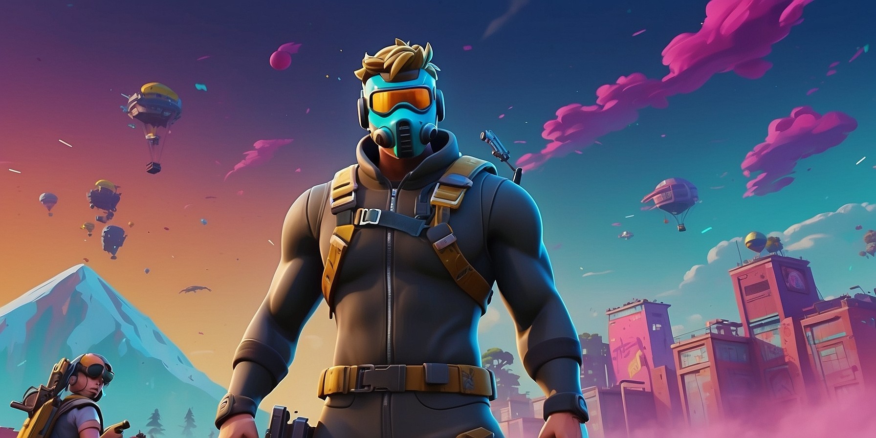 A vibrant, high-energy digital illustration of the popular battle royale game Fortnite, set against a bright blue sky with fluffy white clouds, featuring a central figure of a customizable character, such as the default skin or a popular seasonal outfit, standing heroically with a pickaxe in hand, surrounded by iconic game elements like Loot Llamas, supply drops, and building materials, with a subtle hint of the Battle Bus flying in the distance, and a faint glow of the Storm Circle looming in the horizon, all rendered in Fortnite