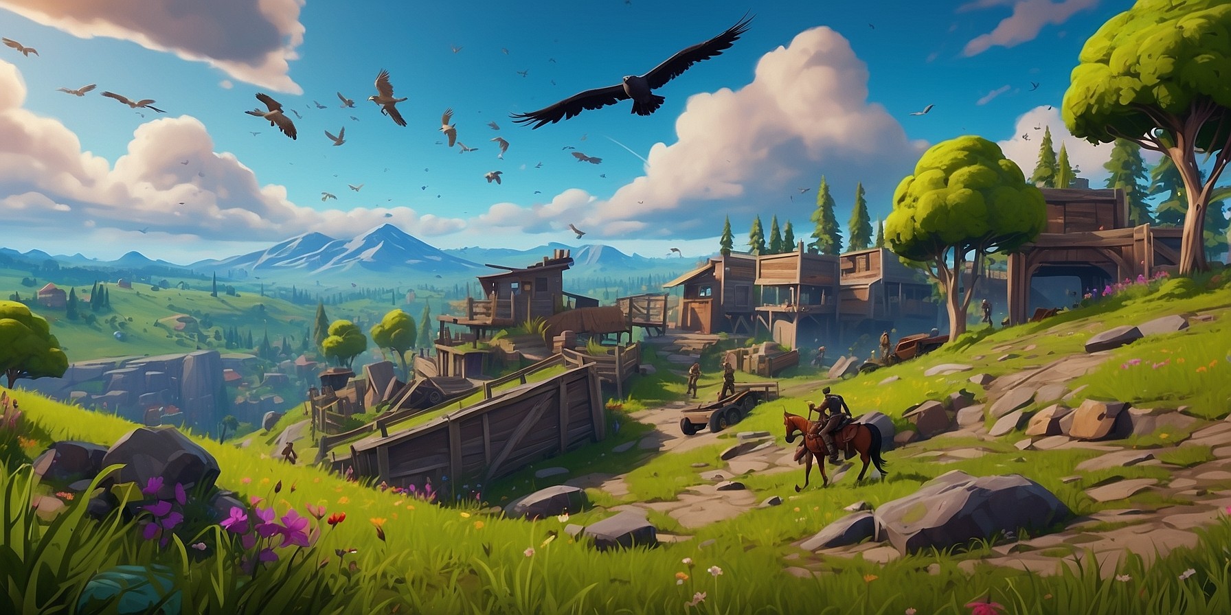 A vibrant and dynamic digital illustration of a scenic landscape from the popular Fortnite video game, set during a sunny day with a few puffy white clouds scattered across a bright blue sky, featuring a mix of lush green trees, rolling hills, and rugged rocks in the background, with a few iconic elements from the game such as the Battle Bus flying overhead, Loot Llamas scattered throughout, and a few characters like Skull Trooper and Raven engaged in an intense battle in the foreground, with a focus on bold colors, crisp lines, and intricate details, blending realistic textures with a stylized cartoonish aesthetic.