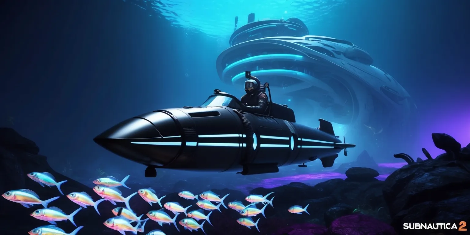 A futuristic underwater scene from the Subnautica 2 game, featuring a diver in a sleek black and silver submarine, surrounded by vibrant bioluminescent sea creatures, with a massive alien underwater structure in the background, illuminated by a soft blue glow, and a school of iridescent fish swimming in the foreground, set against a dark blue and purple oceanic landscape, with intricate details on the submarine's metallic surface and a sense of depth and mystery in the distant darkness.
