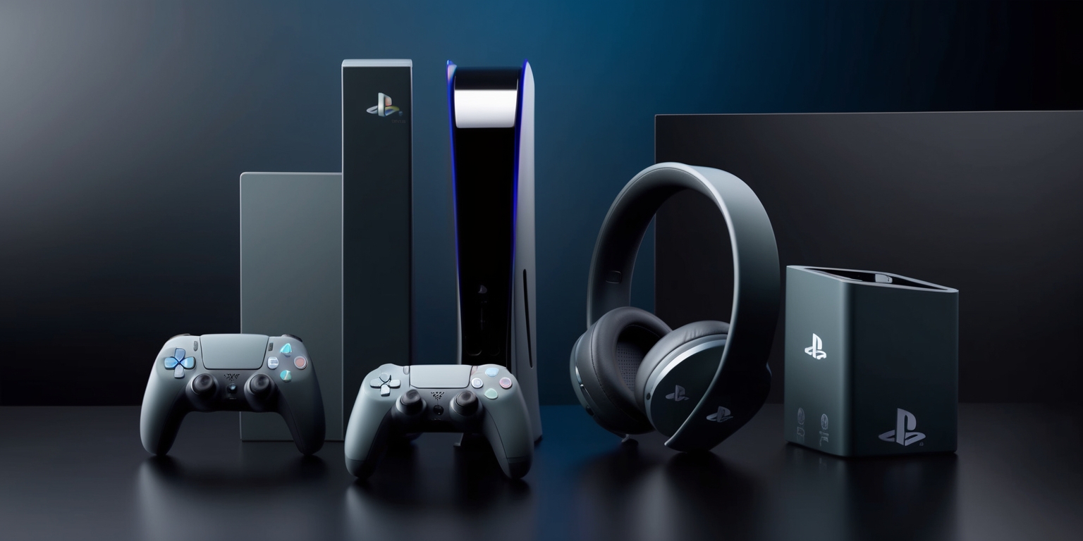 A sleek, modern arrangement of PlayStation accessories from the Midnight Black collection, set against a dark, gradient background that transitions from deep blues to black, evoking a sense of luxury and sophistication. The accessories, including a controller, headset, and charging dock, are all rendered in a matte, dark grey finish with subtle, silver accents that catch the light. The PlayStation logos on each item are embossed in a metallic, chrome-like finish, adding a touch of premium quality. The overall styling is minimalist and modern, with clean lines and geometric shapes, and the accessories are arranged in a harmonious, symmetrical composition that showcases their design and functionality. The lighting is soft and dramatic, with subtle, gradient shadows that add depth and dimension to the image.