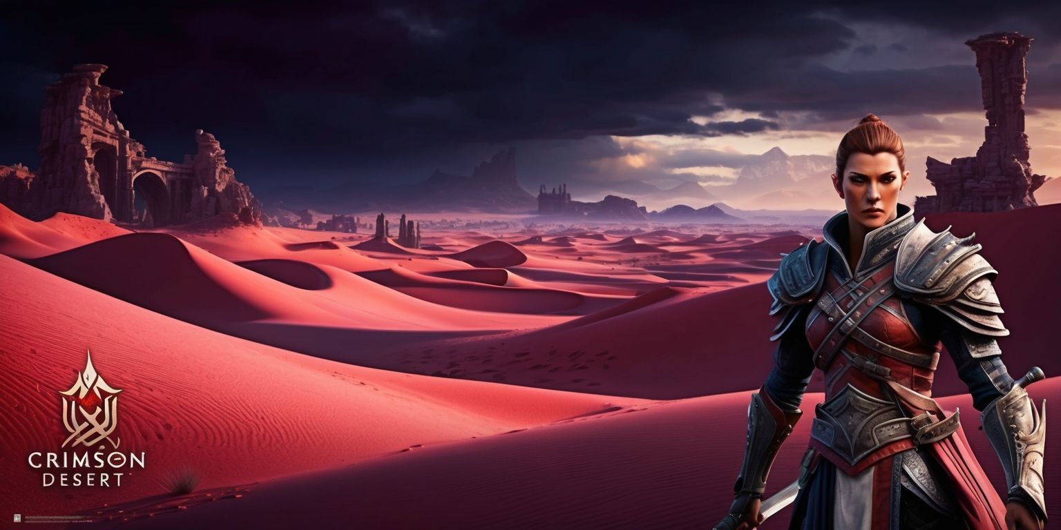 A futuristic desert landscape with majestic crimson-hued dunes stretching towards the horizon, set against a backdrop of a darkened sky with hints of orange and purple, inspired by the Crimson Desert game, with intricate rock formations and mysterious ancient ruins in the distance, featuring a lone figure of a warrior with determined facial features and tanned skin, dressed in intricately designed armor with metallic accents, holding a sword at their side, with the game's logo subtly integrated into the scenery, blending fantasy and science fiction elements, rendered in a highly detailed and realistic style with dramatic lighting and shading.