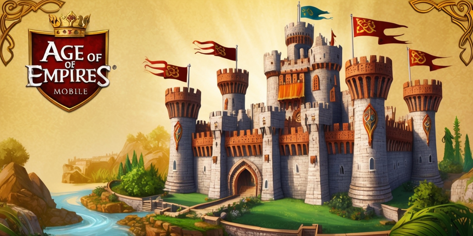 A vibrant, detailed illustration of the Age of Empires mobile game, set against a warm, golden background that evokes a sense of adventure and history. In the foreground, a grand, medieval-inspired castle stands tall, with intricately designed towers, flags, and battlements, surrounded by lush greenery and water features. The castle's stone walls are adorned with ornate, rust-colored metalwork, while the flags bear the iconic Age of Empires emblem in bold, red and gold hues. The image is filled with dynamic, curved lines and ornate details, reminiscent of classical fantasy art. The overall style is reminiscent of a medieval manuscript, with subtle, hand-painted textures and rich, earthy colors. In the top-left corner, the game's logo is displayed prominently, featuring bold, Celtic-inspired lettering and a regal, golden crown.