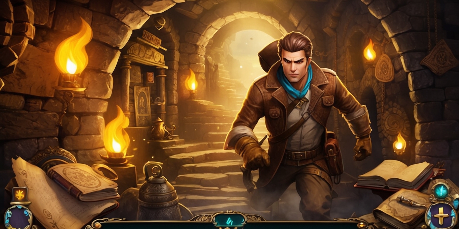 A mystical underground realm, illuminated by flickering torches and glowing ancient artifacts, is the backdrop for a relic adventure game, where a brave explorer, with determined facial features and a worn leather jacket, navigates through a labyrinth of old stone walls and hidden chambers, filled with mysterious relics, cryptic symbols, and forgotten treasures, amidst a warm color palette of earthy tones, with hints of golden light, and a sense of awe-inspiring discovery, as the adventurer delves deeper into the underground world, surrounded by dusty tomes, worn maps, and mysterious devices, with a stylized, fantasy-inspired aesthetic, and a layout that draws the viewer into the heart of the adventure.