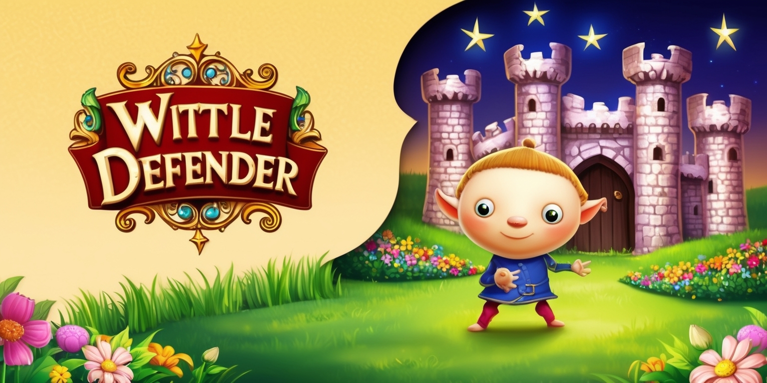 A whimsical, fantastical illustration of a Wittle Defender game, set against a warm, creamy yellow background, depicting a small, endearing defender character with large, round eyes, a soft, smiling face, and tiny limbs, standing courageously in front of a medieval-inspired, stone-built castle, with vibrant green grass and lush, colorful flowers surrounding the scene, while bright, shimmering stars twinkle in the night sky above, with the game's title Wittle Defender emblazoned on a decorative, curved banner in bold, golden lettering, adorned with intricate, swirling patterns and tiny, sparkling gems.