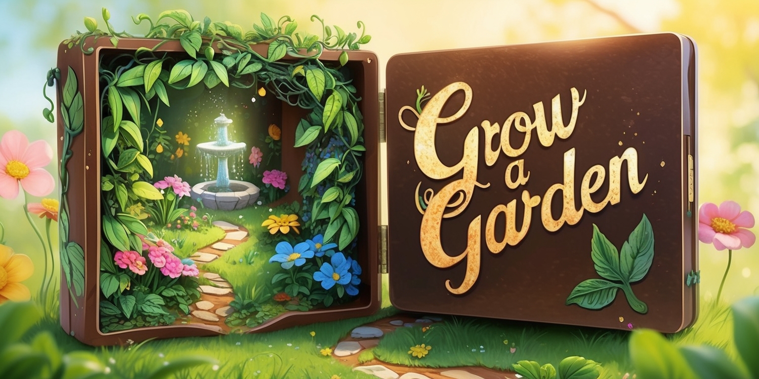 A whimsical illustration of a fantastical garden emerging from a vintage, wooden, handheld game box, adorned with intricate carvings of leaves and vines, surrounded by lush greenery and vibrant flowers in shades of pink, yellow, and blue, with delicate water droplets glistening on the petals, as if freshly watered, amidst a warm, sunny atmosphere, with the game title Grow a Garden written in bold, golden, cursive script, with subtle texture, placed prominently on the lid of the game box, which is slightly ajar, revealing a glimpse of the garden's inner workings, complete with winding paths, tiny stone benches, and a delicate, sparkling fountain in the background.