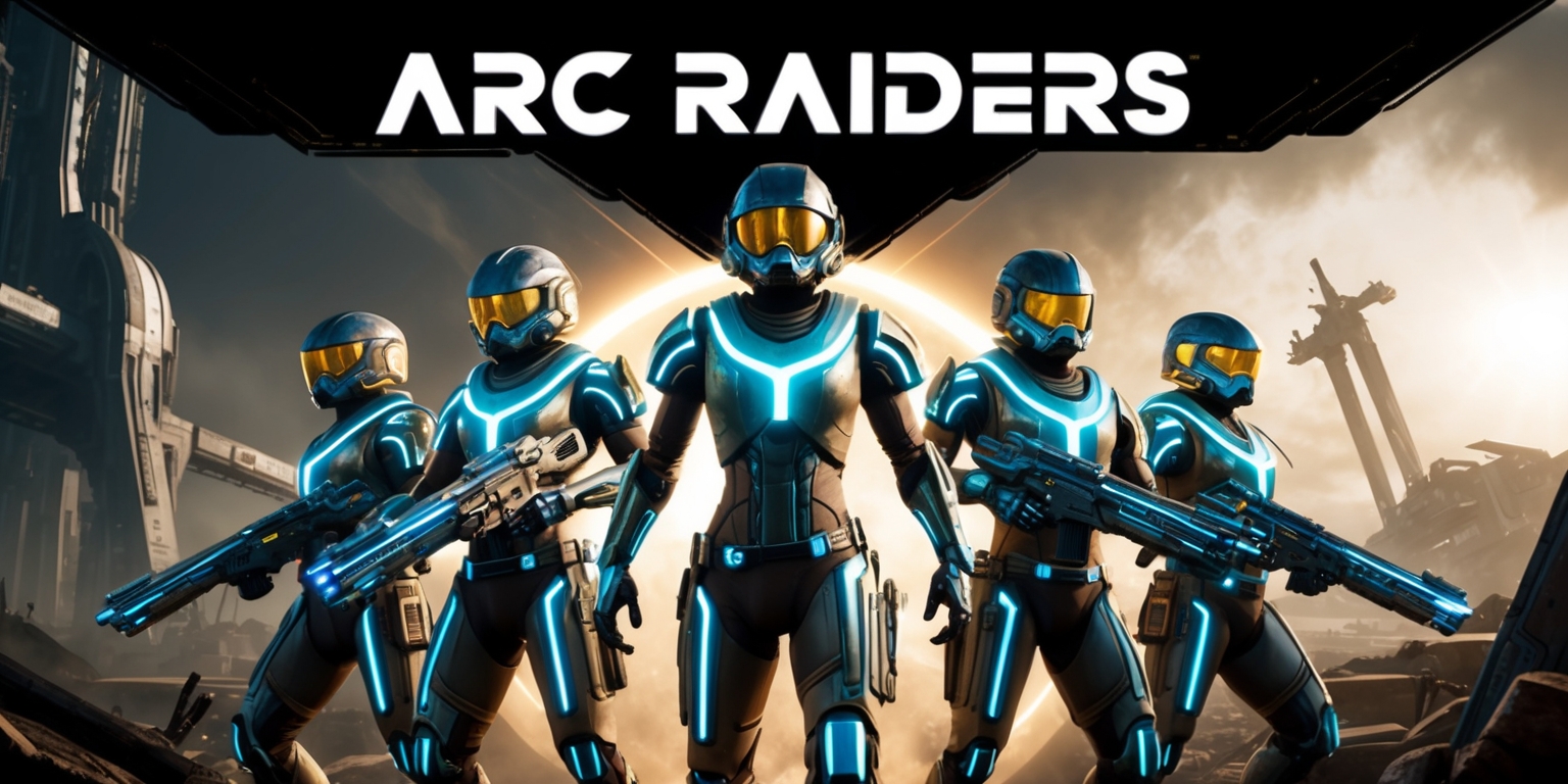 A futuristic sci-fi scene depicting a group of raiders from the Arc Raiders game, set against a dystopian backdrop with a dark and gritty atmosphere, featuring a mix of muted earthy tones and neon accents, with the raiders wearing advanced high-tech exosuits with metallic surfaces and glowing blue lines, their facial features obscured by helmets with gold-tinted visors, standing in a triangular formation with their arsenal of sleek and deadly weapons at the ready, surrounded by a halo of light from a distant explosion, with the game's logo emblazoned in bold, metallic letters across the top of the scene, in a dynamic and action-packed composition with a sense of intense energy and urgency.
