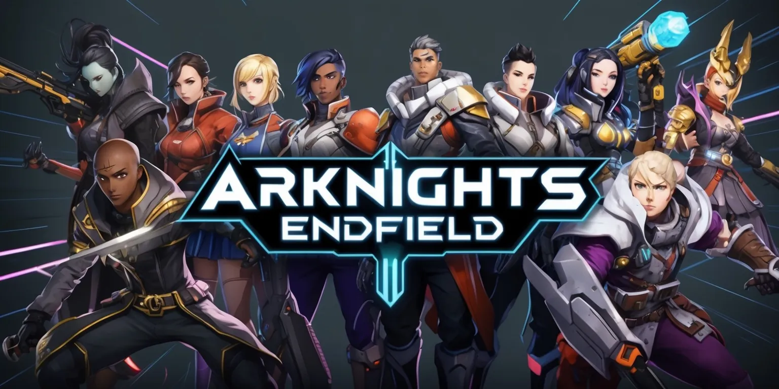 A futuristic themed illustration of the strategic mobile game Arknights Endfield, featuring a group of characters with distinctive outfits and abilities, set against a dark muted background with neon accents, the characters have varying skin tones and facial features, with intricate details on their clothing and equipment, the game's logo is prominently displayed in a bold futuristic font with a metallic finish, the overall style is a mix of anime and sci-fi elements, with sharp lines and vibrant colors, the characters are positioned in a dynamic layout with a sense of movement and energy, the image is rendered in a high-contrast color scheme with deep shadows and bright highlights.