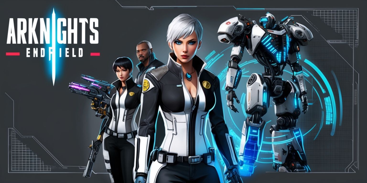 A futuristic sci-fi themed illustration of the Arknights Endfield game, featuring a mix of sleek mechanical elements and vibrant neon lights, set against a dark grey and blue background with subtle grid patterns, showcasing a group of characters with unique abilities and weapons, including a female operator with short silver hair and piercing blue eyes, wearing a black and white uniform with a gold badge on her chest, standing alongside a large robotic unit with glowing blue circuits and metallic limbs, with the game's logo emblazoned in bold white font with a distinctive red accent at the top of the image, and a series of complex interface elements and data streams swirling around the characters in a dynamic and immersive layout.