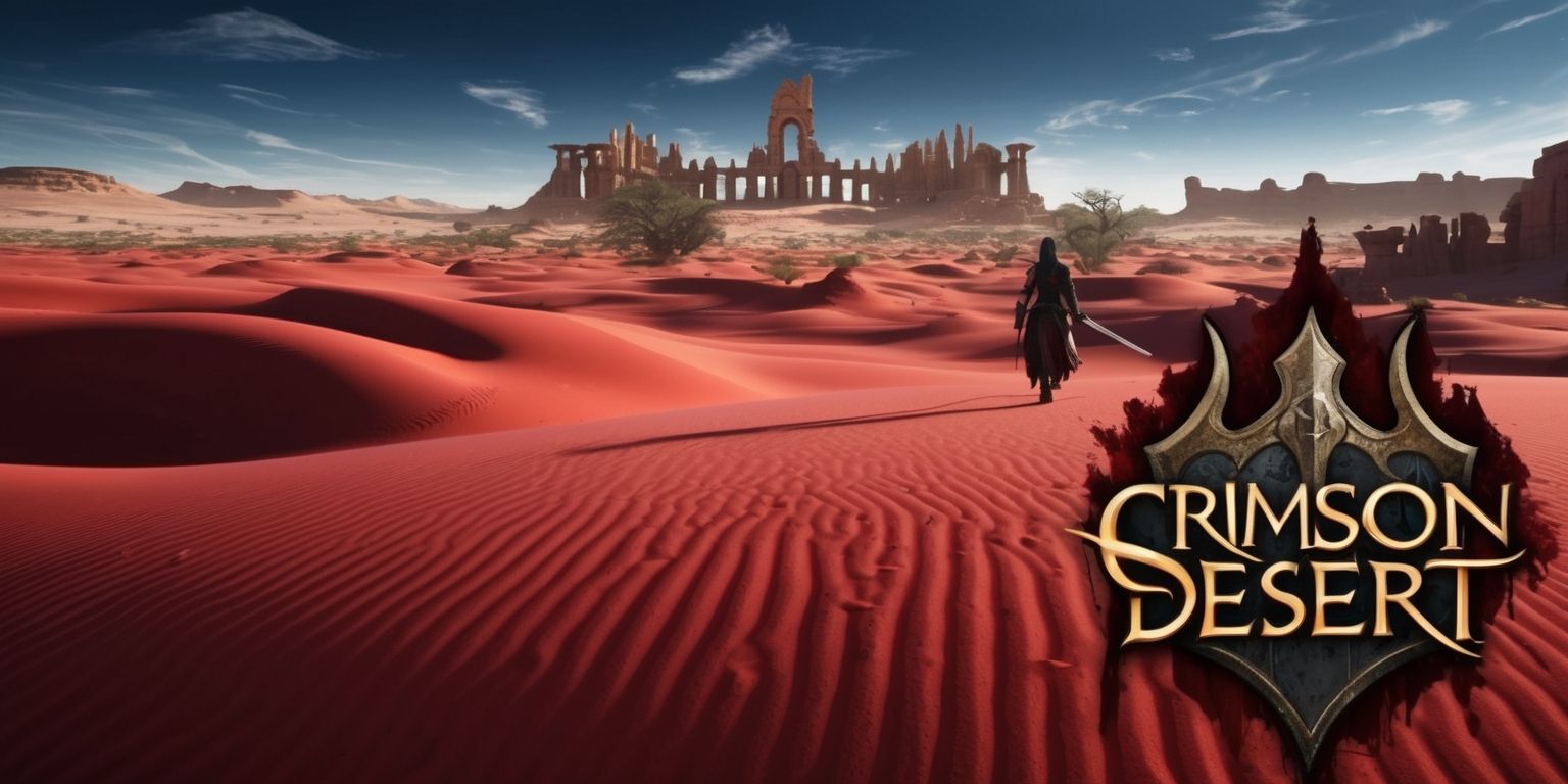 A vast desert landscape with crimson-hued sand dunes stretching towards the horizon, set against a backdrop of deep blue skies with a few wispy clouds, inspired by the Crimson Desert game, with intricate rock formations and sparse vegetation, and in the distance, a silhouette of a figure clad in worn, earth-toned attire, with a sword at their side, walking towards a range of majestic, ancient ruins, with the game's logo, in a bold, golden font, subtly integrated into the scene, perhaps etched into the stone of the ruins or emblazoned on a tattered banner, with the overall style reminiscent of a fantasy video game, and the colors muted yet vibrant, evoking a sense of adventure and mystery.