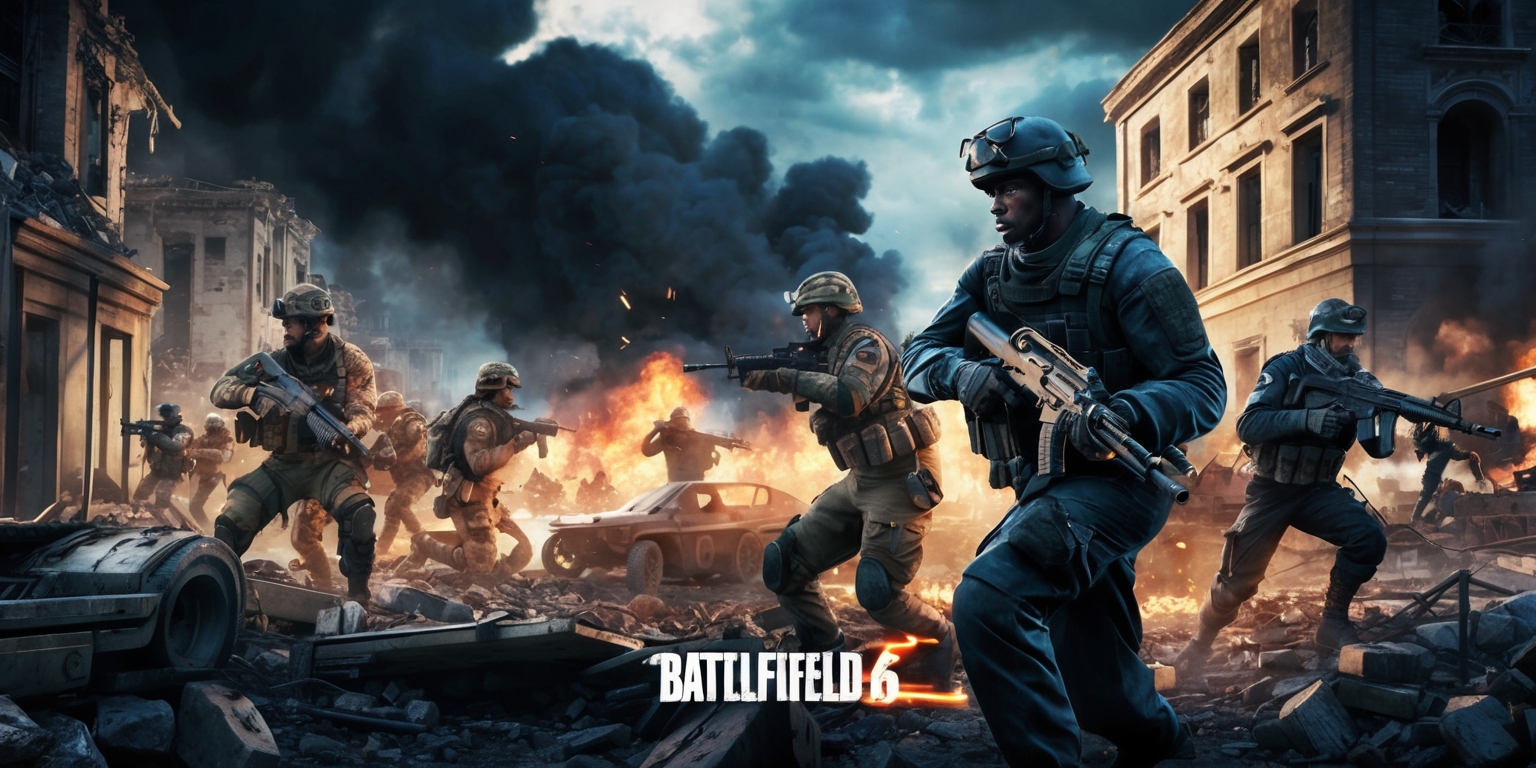 A dramatic scene from the Battlefield 6 game, set in a war-torn landscape with destroyed buildings and rubble-filled streets, featuring a mix of soldiers in combat gear, with diverse facial features, skin colors, and unique attributes, engaged in intense battle, with a blend of vibrant colors, and a cinematic style, with a focus on action-packed gameplay, and a sense of chaos and destruction, incorporating realistic military vehicles, weapons, and equipment, under a dark and ominous sky with clouds of smoke and flames, and a shallow depth of field to emphasize the intensity of the scene.