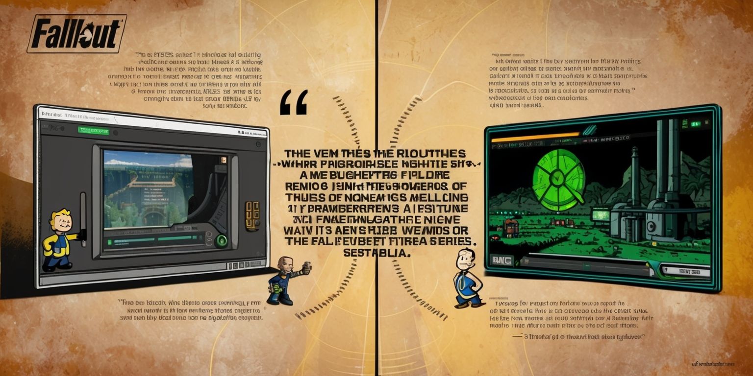 A detailed illustration of the Fallout game series evolution, showcasing a split-screen layout with a retro-style scene from the original game on one side and a modern, vibrant scene from a recent installment on the other, with the text narrative weaving through the center, featuring key quotes from veteran developer Chris Avellone in a bold, futuristic font, set against a warm, earthy tone background that reflects the series' post-apocalyptic theme, with subtle, distressed textures and a hint of radiation-inspired glow, while incorporating iconic characters, such as the Vault Boy, and symbols, like the Pip-Boy, in a nostalgic yet modern aesthetic that highlights the series' growth and design philosophy under Bethesda's management.