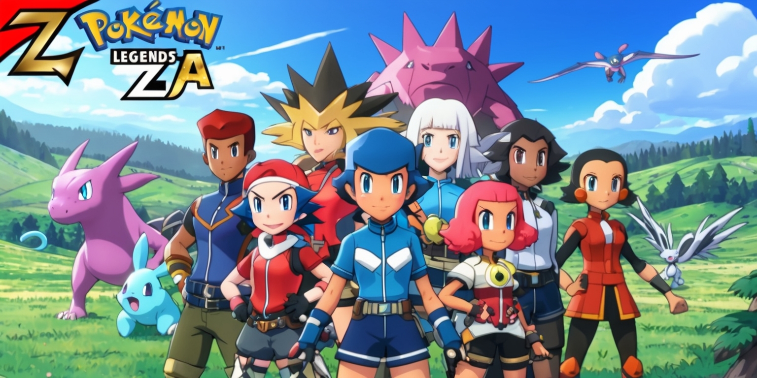 A vibrant, action-packed scene from Pokémon Legends: Z-A game, featuring a group of Pokémon trainers with diverse facial features and skin colors, standing in front of a vast, open landscape with rolling hills and dense forests, with a few Pokémon, such as a towering dragon-like creature and a swift, winged Pokémon, in the background, the sky above is a bright, sunny day with a few fluffy white clouds, the overall style is reminiscent of a Japanese anime, with bold lines, bright colors, and dynamic textures, the trainers are dressed in their unique outfits, each with their own distinct accessories and gear, with the game's logo, a stylized, golden letter Z and A, emblazoned on a banner in the top left corner of the scene.