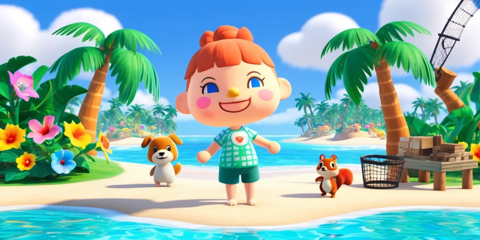 A serene and vibrant digital artwork depicting a scene from Animal Crossing: New Horizons, featuring a character with a bright smile and rosy complexion, standing on a picturesque beach with soft white sand and crystal clear turquoise water, surrounded by lush green palm trees and colorful exotic flowers, with a few friendly animals like a smiling dog and a curious squirrel, all set against a warm sunny sky with fluffy white clouds, incorporating the game's distinctive visual style and charming aesthetic, with bold lines, pastel colors, and a mix of realistic and fantastical elements, and in the background, a few iconic game elements like a fishing rod, a net, and a DIY workbench, all blending together to create a sense of relaxation and joy.