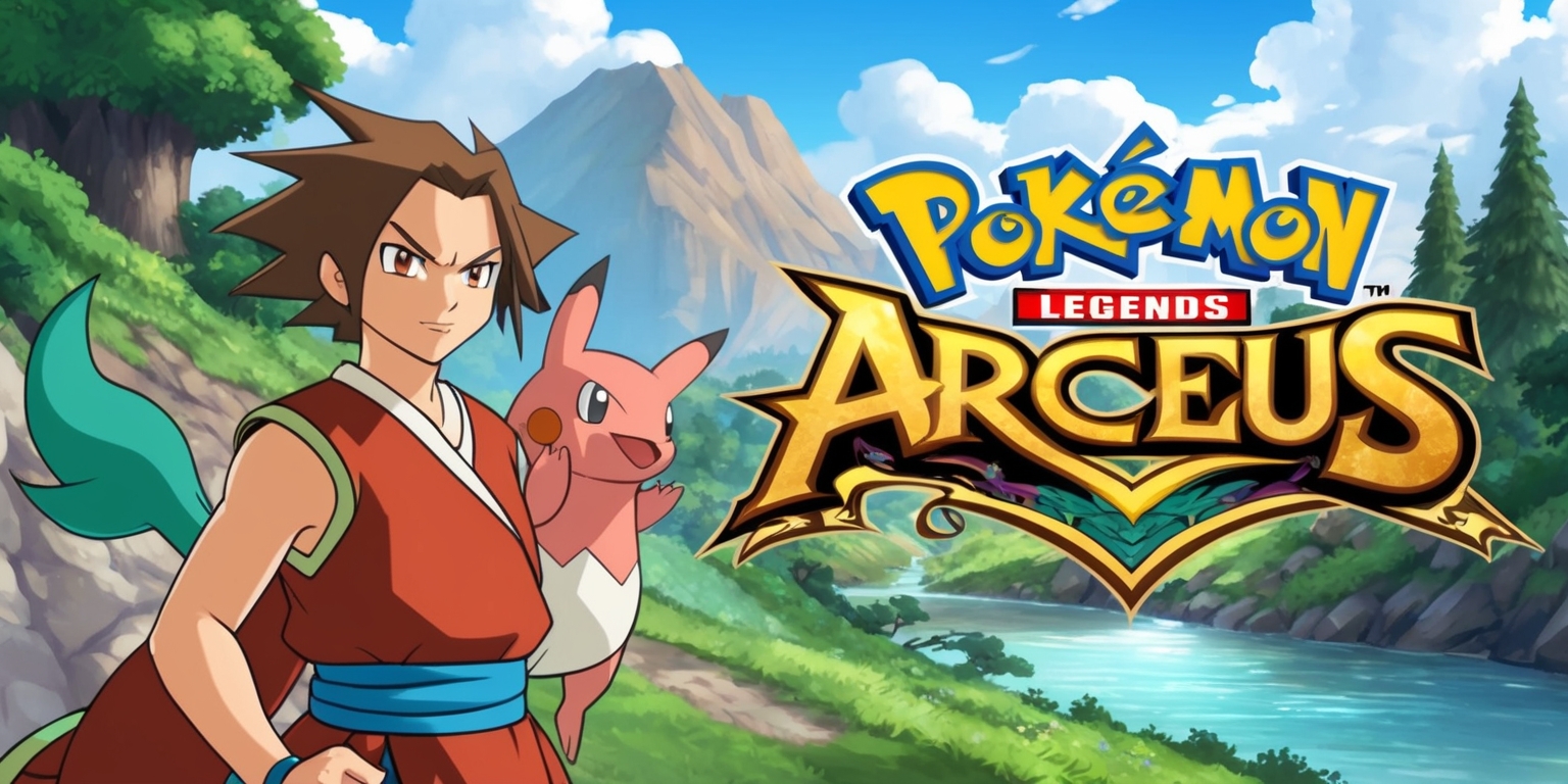 A vibrant and dynamic scene depicting a character from Pokémon Legends: Arceus, set in the Hisui region, with a mix of lush green forests, majestic mountains, and serene rivers, featuring a trainer with determined facial features, medium skin tone, and distinctive hair, dressed in traditional Hisui attire, standing confidently with a loyal Pokémon by their side, such as a Lucario or a Rowlet, with the Pokémon Legends: Arceus logo prominently displayed in a bold, golden font with a subtle, adventurous design, incorporating earthy tones like brown, beige, and green, with a sense of excitement and discovery, under a bright, sunny sky with puffy white clouds, conveying a sense of adventure and exploration.