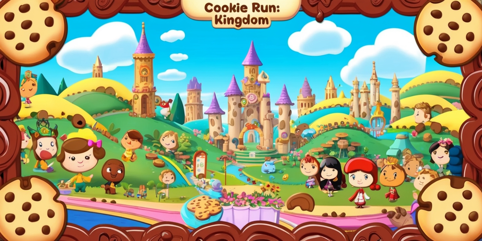 A whimsical illustration of the Cookie Run: Kingdom game, showcasing a vibrant and colorful landscape with rolling hills, towering cookies, and intricate architecture, set against a bright blue sky with puffy white clouds. The scenery is populated by a diverse range of cookie characters, each with unique facial features, skin tones, and accessories, going about their daily activities amidst the bustling kingdom. The overall aesthetic is playful, with bold lines, rounded shapes, and a mix of soft pastel and bright jewel-toned colors. The composition is balanced, with visual pathways guiding the viewer's eye through the scene, and the framing is ornate, with decorative cookie-themed borders and intricate details. The overall style is reminiscent of a fantasy-themed children's book, with a sense of wonder and magic infusing every element.