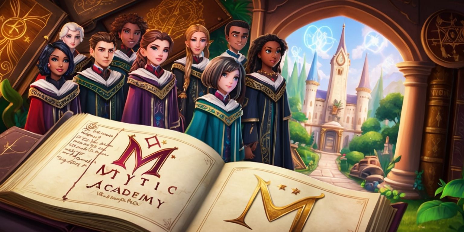 Mystic Academy RPG game with a vibrant fantasy setting, intricate magical symbols, and mystical creatures, set against a backdrop of ancient tomes, mysterious artifacts, and glowing runes, featuring a group of diverse students with unique facial features, skin tones, and hairstyles, dressed in elaborate robes with intricate embroidery, surrounded by lush greenery, towering spires, and grand architecture, with a warm color palette and soft lighting, and in the foreground a large leather-bound book lies open, revealing a map of the academy with cryptic notes and markings in a elegant calligraphy font, with the game's logo, a stylized letter M with a wand and stars, embossed in gold at the top of the page.