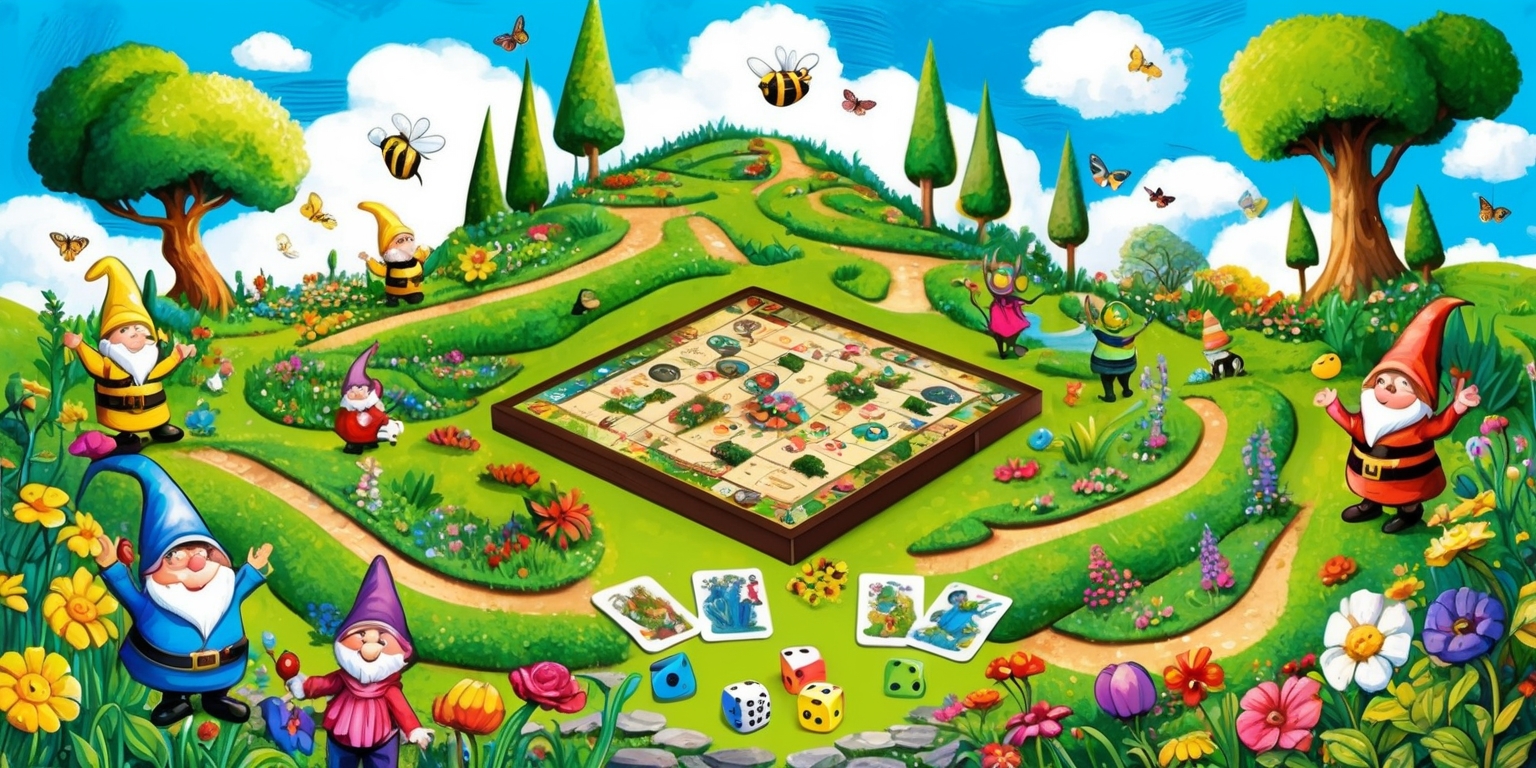A vibrant and colorful illustration of a whimsical garden scene with lush green grass, vibrant flowers, and towering trees, set against a bright blue sky with fluffy white clouds, featuring a board game design with rolling hills and winding pathways, including game pieces and characters such as smiling garden gnomes, cheerful bees, and busy butterflies, with a large wooden game board in the center, surrounded by colorful cards, dice, and player tokens, incorporating a mix of digital and watercolor painting styles, with bold lines, soft textures, and intricate details, and a sense of movement and energy, conveying a sense of fun and adventure.