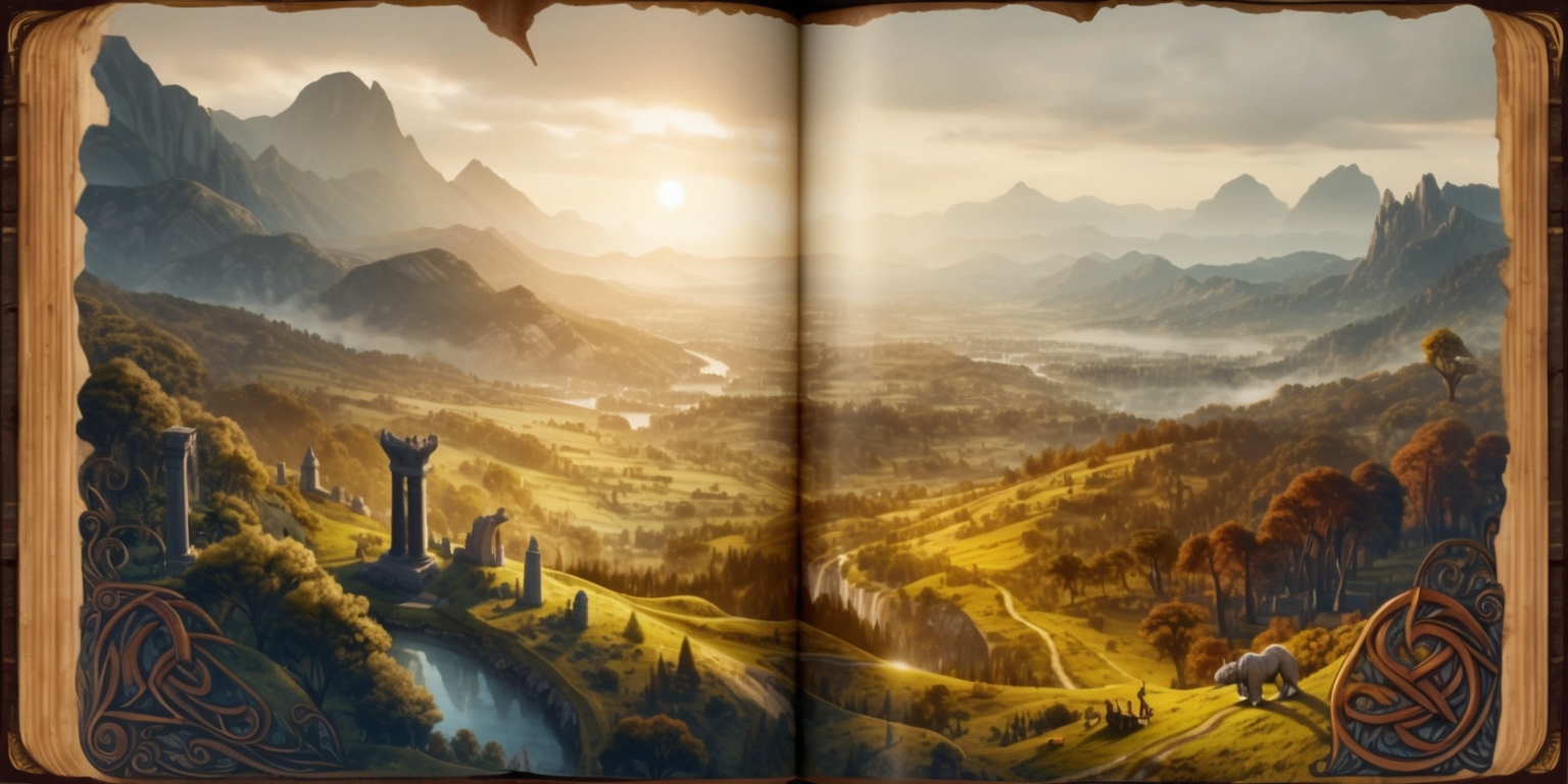 A majestic, sprawling landscape of the fantasy world of Terrarum, with a soft, golden light casting long shadows across the terrain, set against a backdrop of towering mountains and misty horizons, as if torn from the pages of an ancient, leather-bound tome, with intricate, hand-drawn details and ornate, Celtic-inspired illustrations reminiscent of classic RPGs, featuring a mix of lush forests, ancient ruins, and mystical creatures, with a sense of wonder and adventure lingering in the air, as if the whispers of ancient tales are carried on the wind.