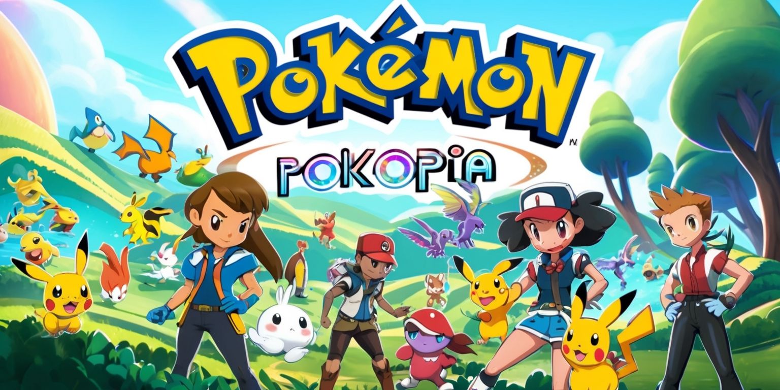 A vibrant, stylized illustration of the Pokopia game, featuring a detailed, colorful landscape with rolling hills, towering trees, and a bright blue sky, a variety of Pokémon are scattered throughout the scene, with a few trainers and their partners in the foreground, the trainers have unique facial features, with different skin colors and hairstyles, the Pokémon are depicted in various dynamic poses, showcasing their distinct characteristics, in the background, a subtle, shimmering effect hints at the game's magical world, with a bold, modern font, the Pokopia game logo is prominently displayed at the top, in a curved line, with the words Pokopia written in a futuristic, cursive style, with a metallic sheen, the entire scene is bathed in a warm, inviting light, with a sense of adventure and excitement emanating from the image.