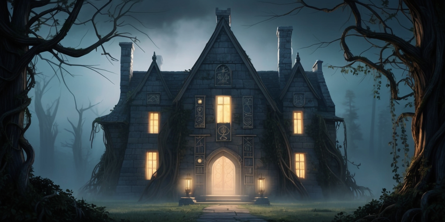 A mysterious, medieval-inspired, mist-shrouded Manor as the central focus, set against a dark blue grey gradient sky with a hint of moonlight, evoking an air of secrecy and stealth, with subtle, warm torchlight flickers casting long shadows on the stone walls, surrounded by overgrown vines and twisted tree branches, amidst a dense, eerie forest, with a subtle, misty atmosphere and an sense of foreboding anticipation, as if a character is lurking just out of sight, with intricate stone carvings, ornate metalwork, and subtle, mysterious symbols etched into the manor's facade, conveying a sense of ancient history and forgotten lore.