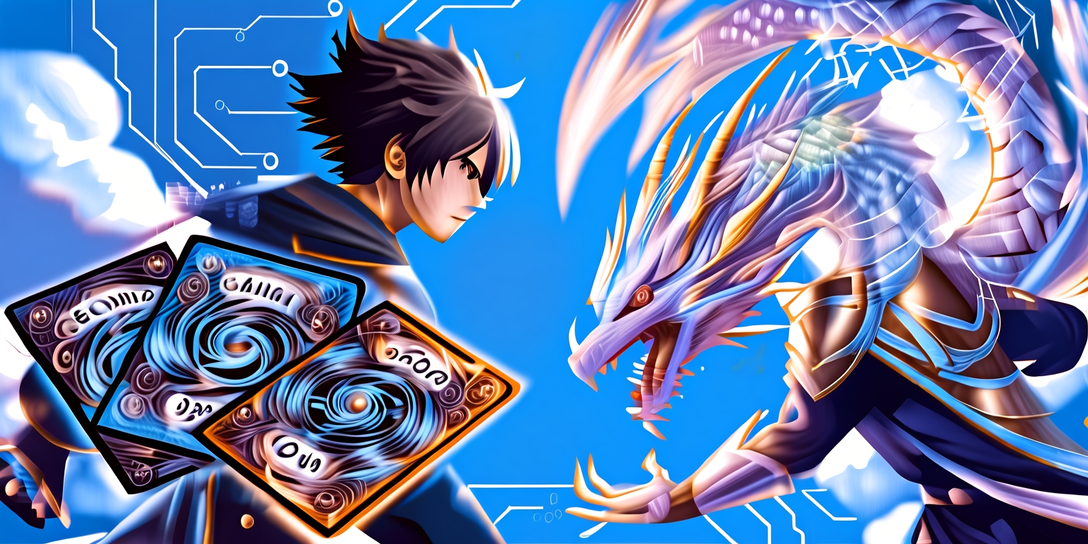 A vibrant, dynamic illustration of an anime-inspired card battle game, set against a bold, electric blue background with wispy, white clouds and subtle, glowing circuitry patterns. In the foreground, two anime-style characters, each with unique hairstyles and attire, stand facing each other, their eyes locked in fierce determination. One character holds a deck of cards emblazoned with intricate, swirling designs and bold, Japanese-inspired typography, while the other summons a magnificent, ethereal creature from a gleaming, metallic card. The creature, a majestic dragon with iridescent scales, roars to life, its wings spread wide, as the two opponents prepare for battle. The atmosphere is electric, with sparks and magical energies crackling around the characters, and the overall style blends traditional anime aesthetics with futuristic, high-tech elements.