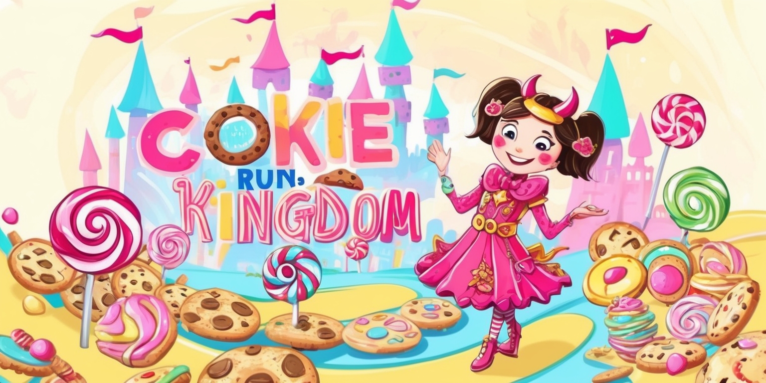 A whimsical illustration of a cheerful Cookie Run: Kingdom character, possibly Hollica or Devila, standing in a vibrant, fantastical kingdom setting, surrounded by colorful cookies, lollipops, and candies, with intricate details on their outfit and accessories, featuring bold lines, soft textures, and expressive facial features, with bright, pastel hues such as pink, blue, and yellow, and a sense of playfulness and wonder, with subtle gradient effects and delicate shading, set against a bright, creamy background that evokes a sense of warmth and magic.