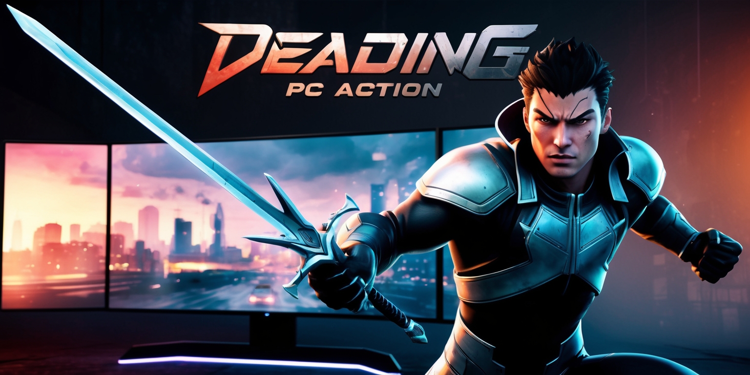 A visually stunning promotional image for an upcoming PC action game, set against a dark and gritty background with hints of neon lights, featuring a central figure of a strong and agile protagonist with determined facial features, wearing a sleek black and silver costume, with a futuristic sword in hand, standing in front of a massive screen displaying a cityscape at dusk with a mix of warm and cool colors, the game's logo emblazoned in bold, metallic letters at the top of the image, with a tagline written in a modern, sans-serif font below the logo, and the protagonist's eyes fixed intently on the viewer, conveying a sense of high-octane action and adventure, with a subtle gradient effect to give the image a sense of depth and dimensionality.