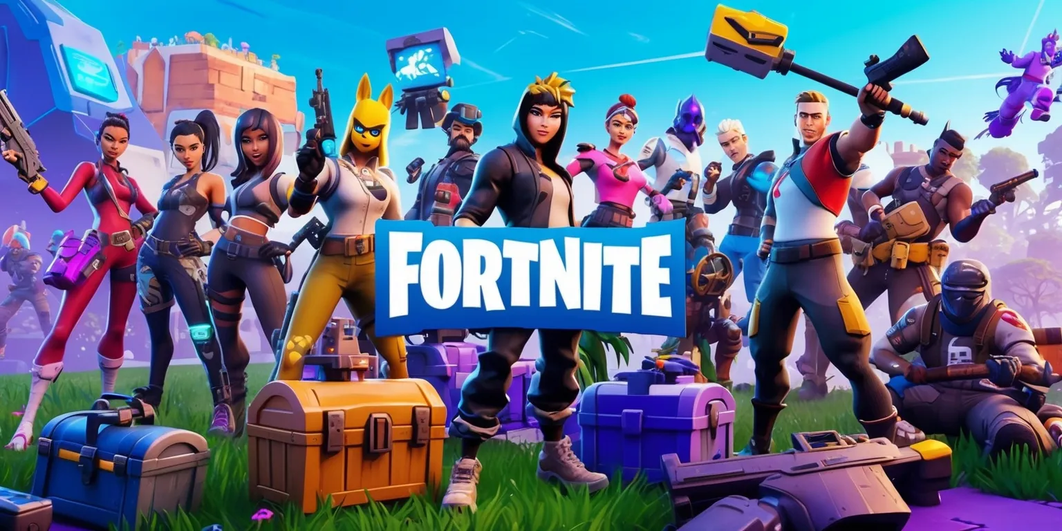 A vibrant and dynamic digital illustration of the popular online multiplayer game Fortnite, set in a futuristic landscape with a bright and colorful atmosphere, featuring a variety of characters with unique skins, outfits, and accessories, amidst a bustling battle royale scene with loot llamas, chests, and various weapons, with a blend of realistic and stylized visuals, and a mix of sharp and soft textures, with characters having diverse facial features, skin tones, and hairstyles, and the Fortnite logo prominently displayed in a bold, blue, and yellow font, with the overall composition balanced and visually appealing, capturing the excitement and energy of the game.
