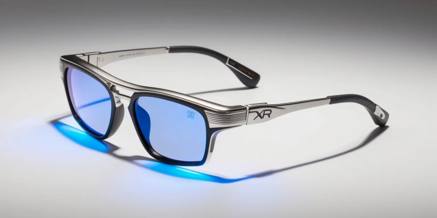 A sleek and futuristic limited-edition XR glasses gadget with a metallic frame, polished to a high gloss, and adorned with intricate details, sits on a minimalist background, with the brand's logo embossed in a bold, silver font, on the temple, and a subtle, pulsing blue light emanating from the lenses, indicating its high-tech capabilities, the glasses' temples are thin and curved, with a subtle texture, and the lenses are slightly angled, giving the gadget a dynamic and innovative appearance, with a mix of matte and glossy finishes, and a overall futuristic aesthetic, the gadget exudes a sense of cutting-edge technology and sophistication.