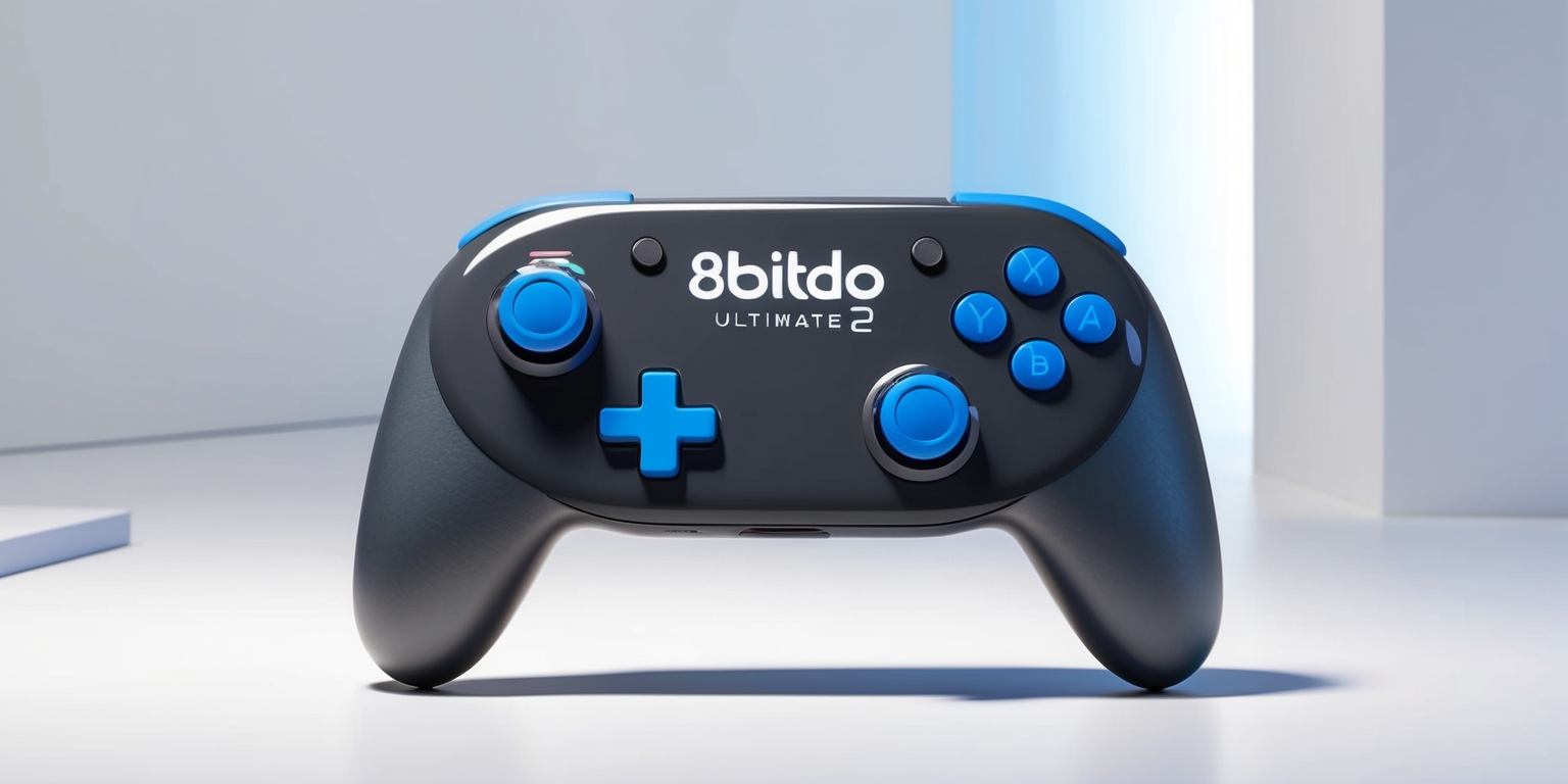 A sleek and modern 8BitDo Ultimate 2 Wireless Controller device sitting on a clean and minimalist white background, with a subtle gradient of light grey and blue hues to accentuate its curves and contours, the controller's main body is a glossy dark grey color with a subtle texture, the directional pad and face buttons are a vibrant bright blue, the analog sticks are a slightly darker grey tone with a smooth matte finish, the 8BitDo logo emblazoned on the top center of the controller is a bold, silver font with clean lines and a futuristic aesthetic, the controllers' contours and edges are sharply defined, with a slight bevel on the edges to give it a premium feel, the overall style is a perfect blend of retro nostalgia and modern design sensibilities.